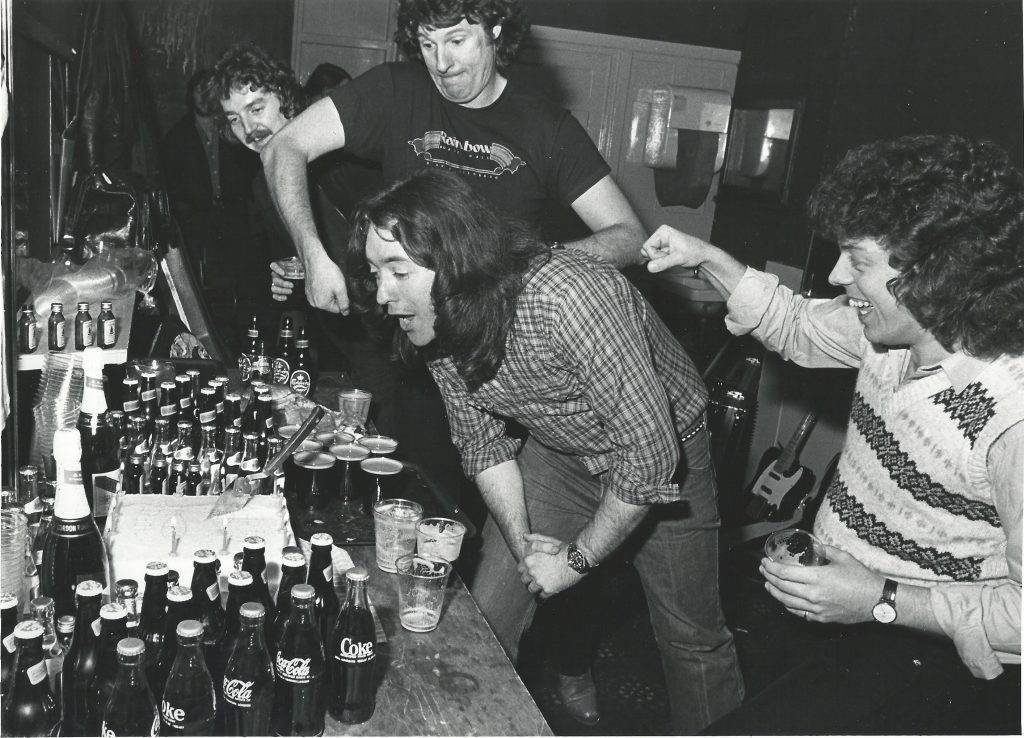 Rory celebrating his birthday backstage at the Ulster Hall, 1980.